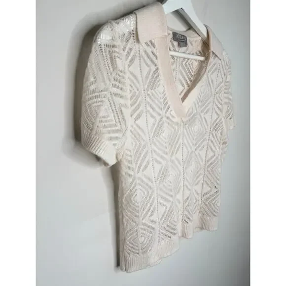 J. Crew Cashmere Short Sleeve Collared V-Neck Knit Polo Sweater Cream Womens Med - Picture 8 of 8